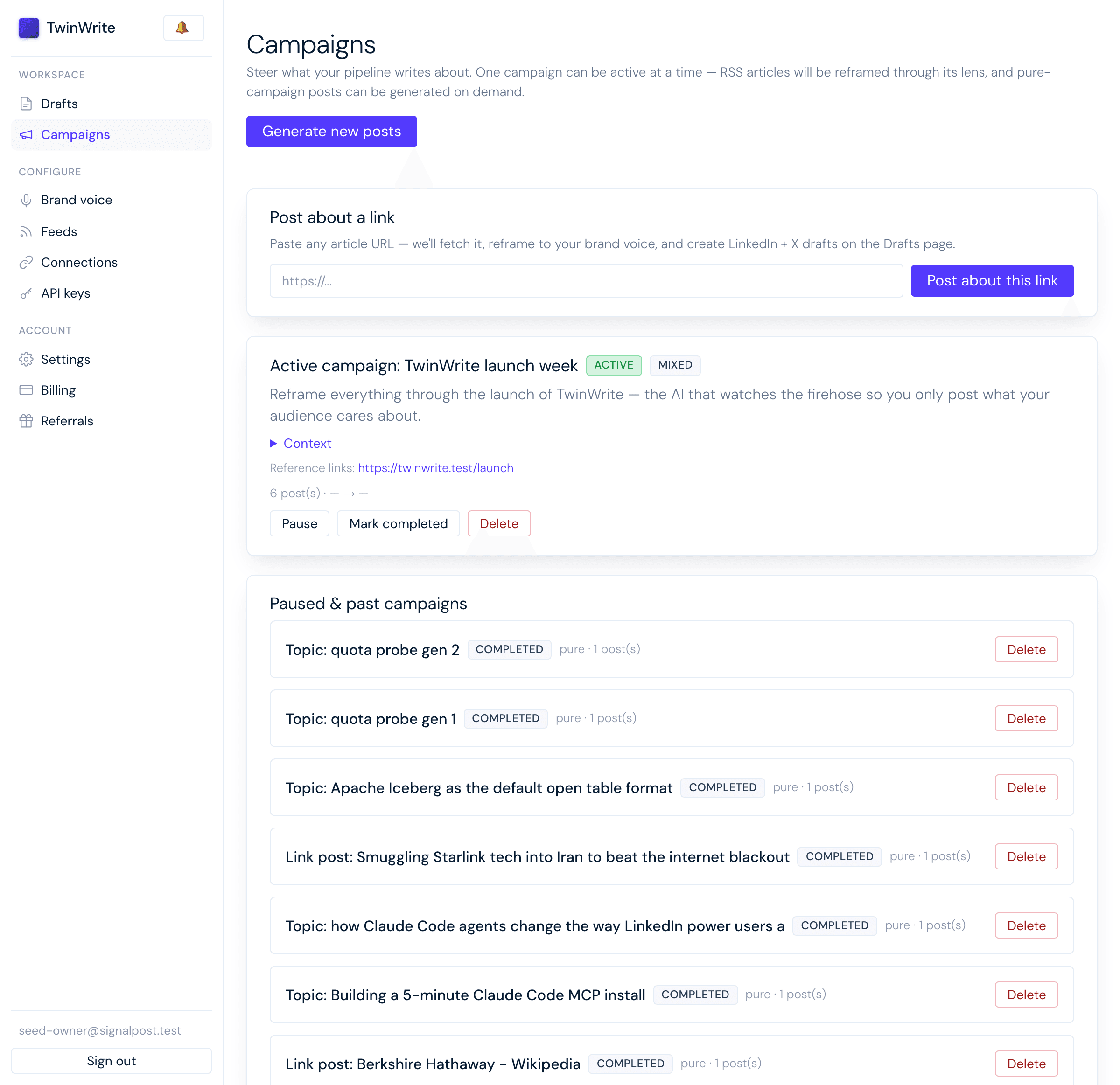 TwinWrite campaigns view with active series and member drafts