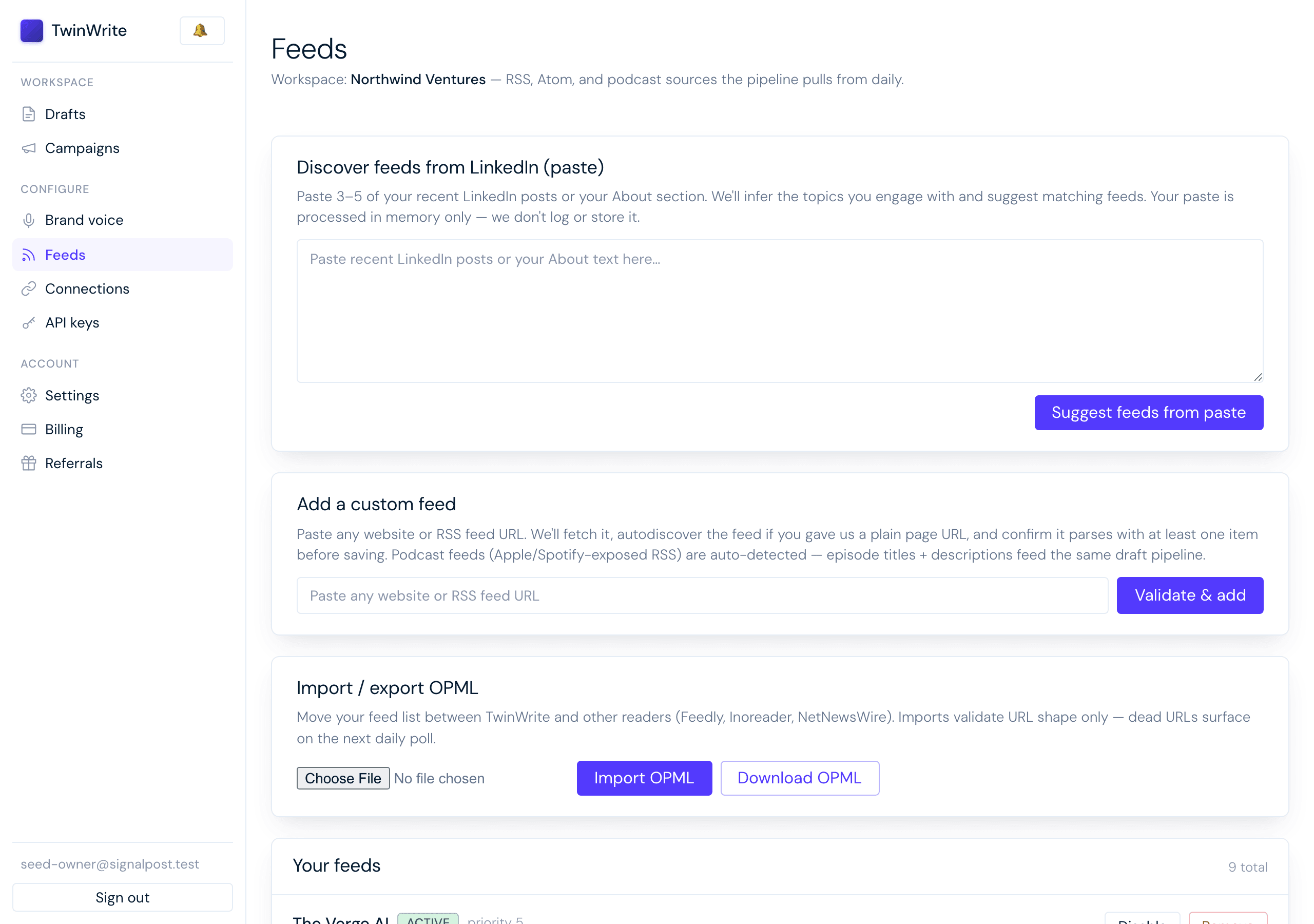 TwinWrite feed intelligence dashboard with sources and scored items