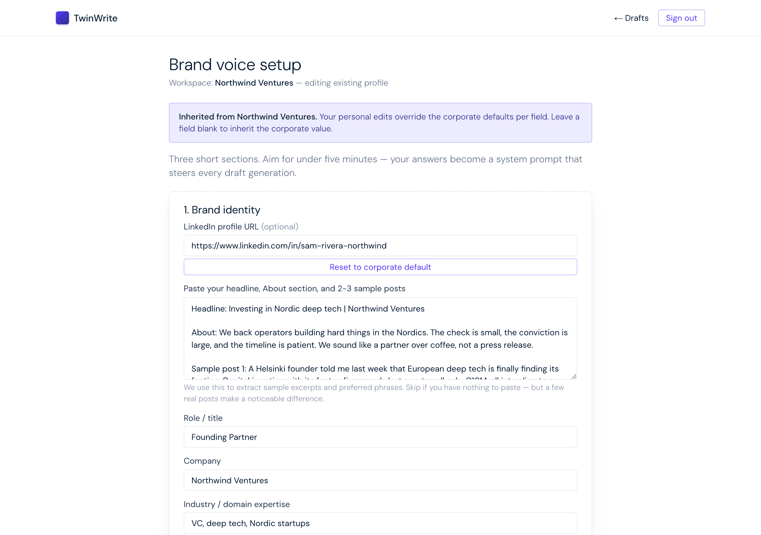 TwinWrite brand voice onboarding capturing tone and topics