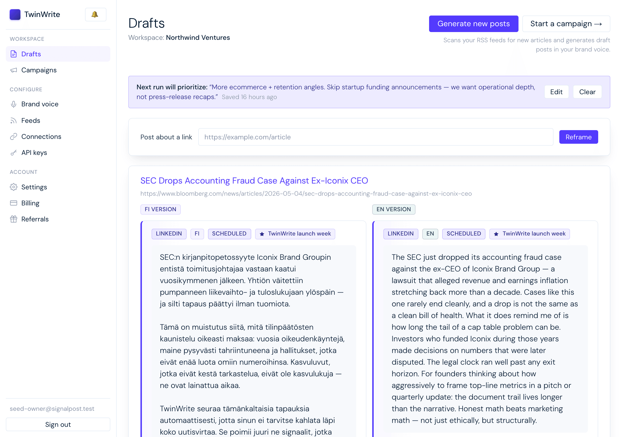 TwinWrite drafts dashboard with approve, edit, and schedule controls