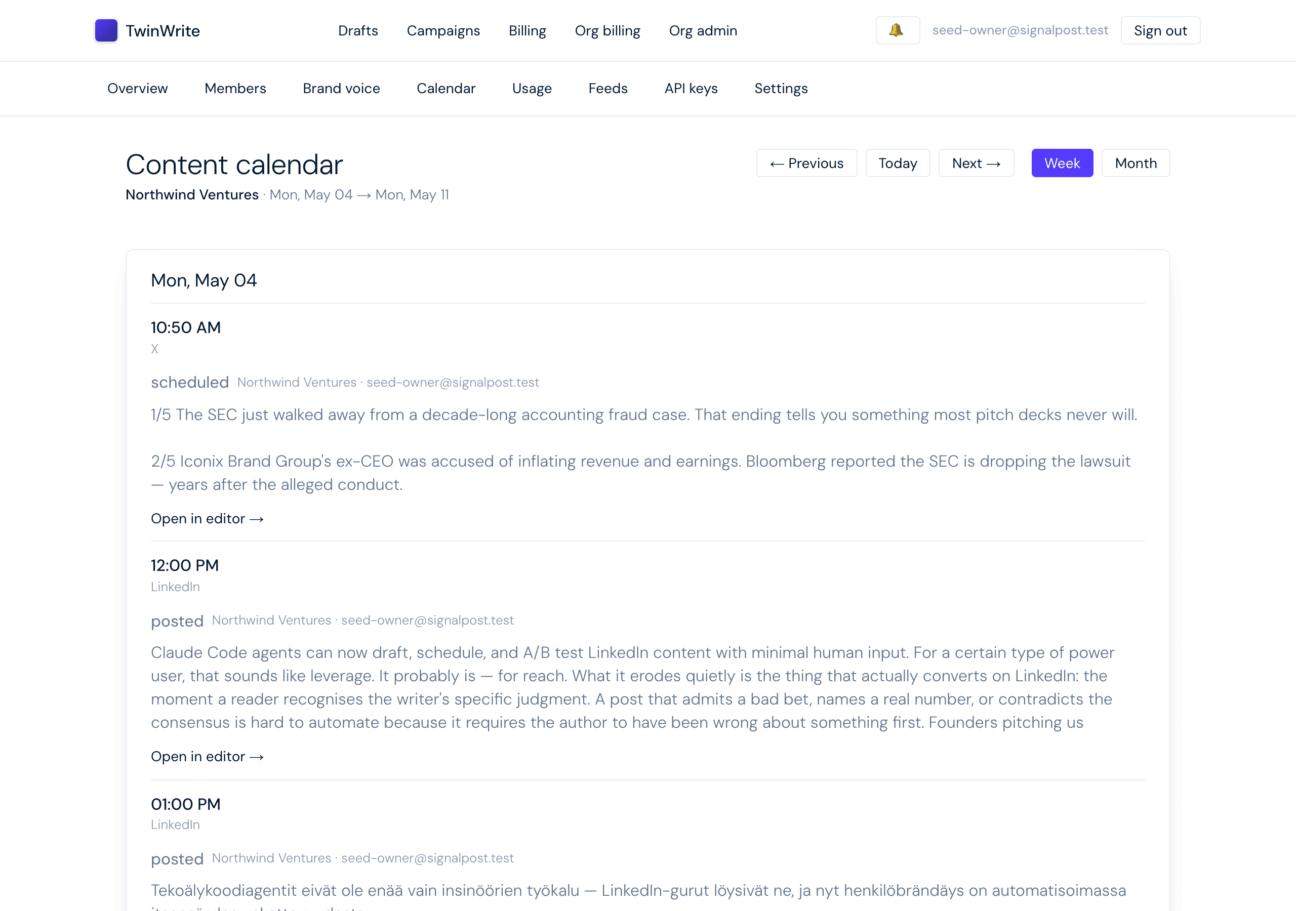 TwinWrite scheduled posts calendar across multiple members and platforms