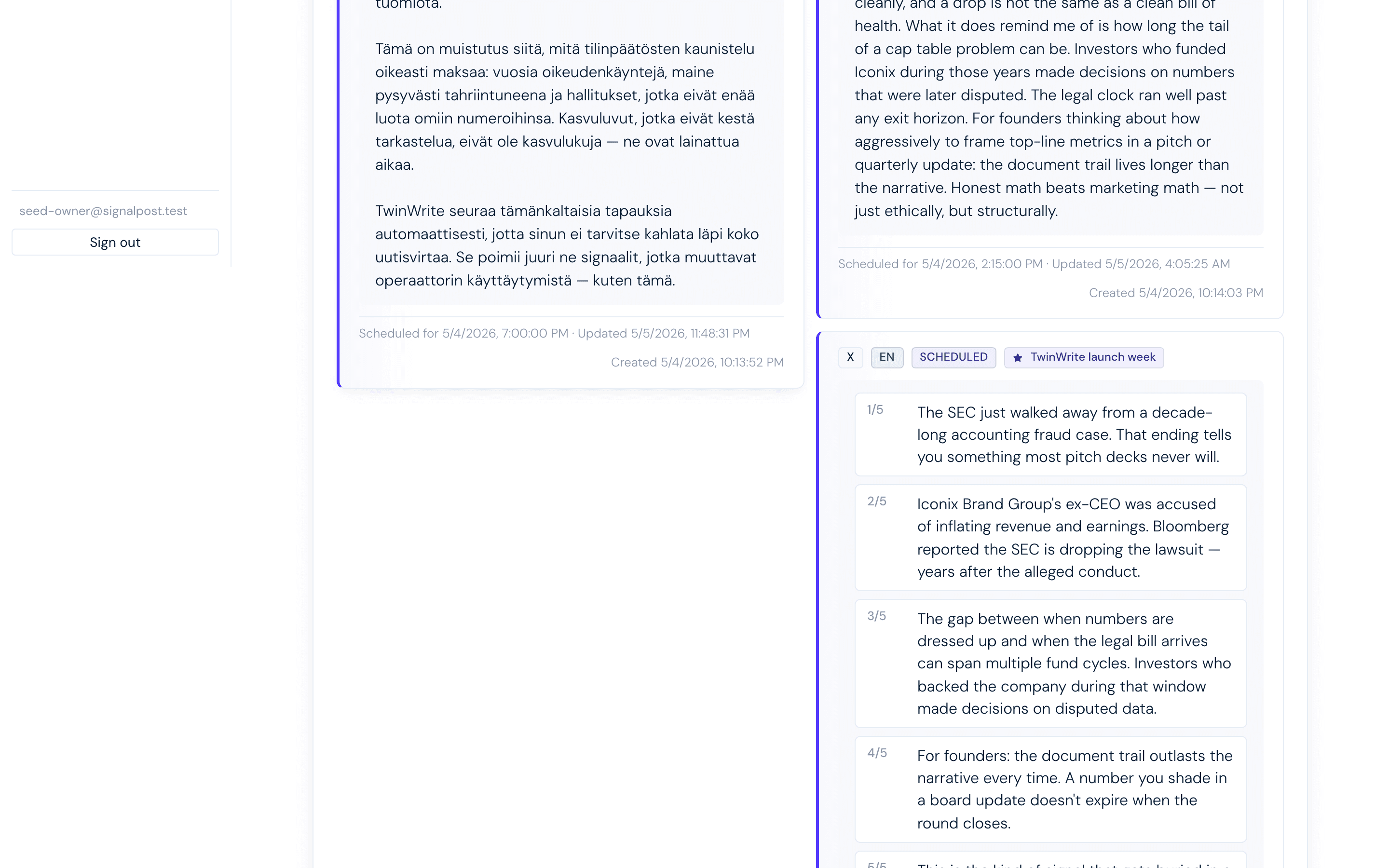 TwinWrite bilingual draft view showing LinkedIn copy alongside X thread